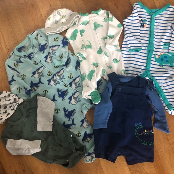 Baby boys onesies, sleepers, overalls and hats bundle -dinosaur,shark - Picture 1 of 5